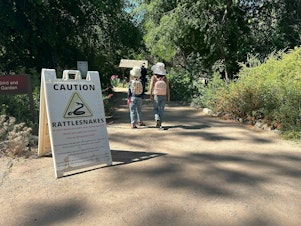 caption: A sign warns visitors about rattlesnakes at the Boyce Thompson Arboretum in Superior, Arizona, on May 11, 2024.