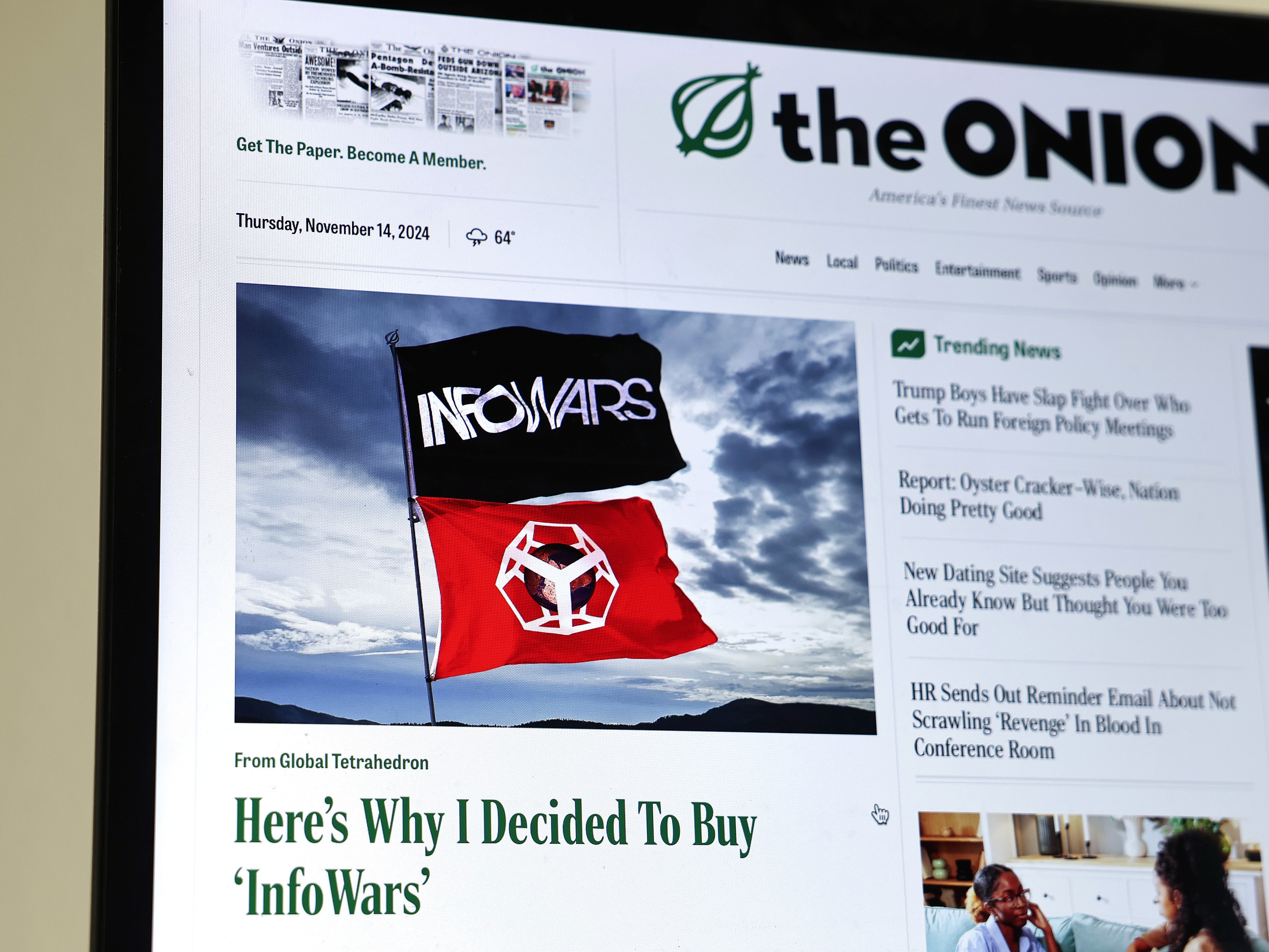caption: The Onion's home page on Nov. 14 featured a satirical story titled, "Here's Why I Decided To Buy 'InfoWars' " following the bankruptcy auction as part of Alex Jones' defamation settlement over the massacre at Sandy Hook Elementary School.
