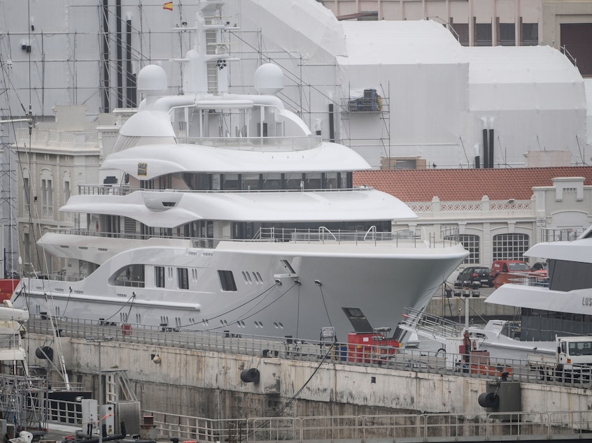caption: Spain's government said this week it impounded this superyacht called "Valerie," moored in Barcelona, saying it belonged to a Russian oligarch.