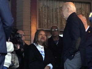 caption: President Biden talks with supporters during a campaign event in Saginaw, Mich., on March 14.