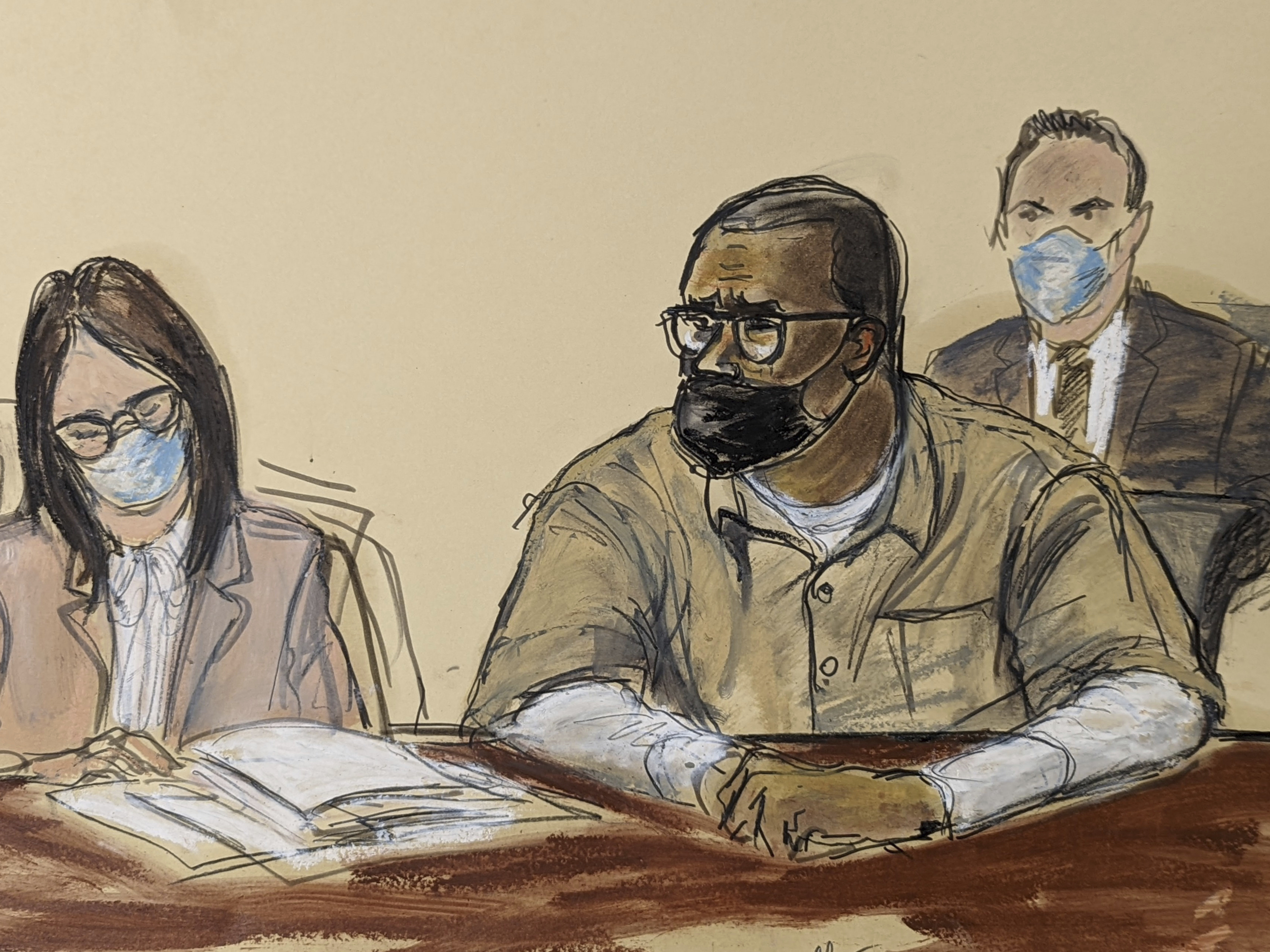 caption: A sketch of R. Kelly during his sentencing hearing Wednesday in New York.
