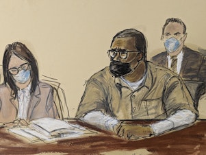 caption: A sketch of R. Kelly during his sentencing hearing Wednesday in New York.