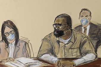caption: A sketch of R. Kelly during his sentencing hearing Wednesday in New York.