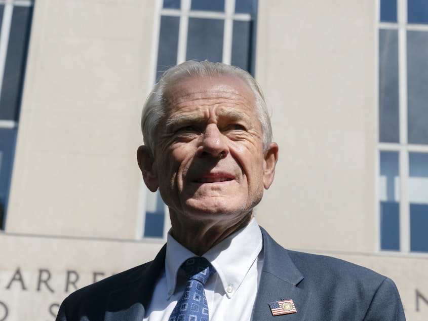 caption: Former White House trade adviser Peter Navarro outside the federal court in Washington, D.C., on Aug. 31. Navarro was found guilty on two counts of criminal contempt for defying a subpoena from the House Select Committee investigating the Jan. 6 Attack on the Capitol.