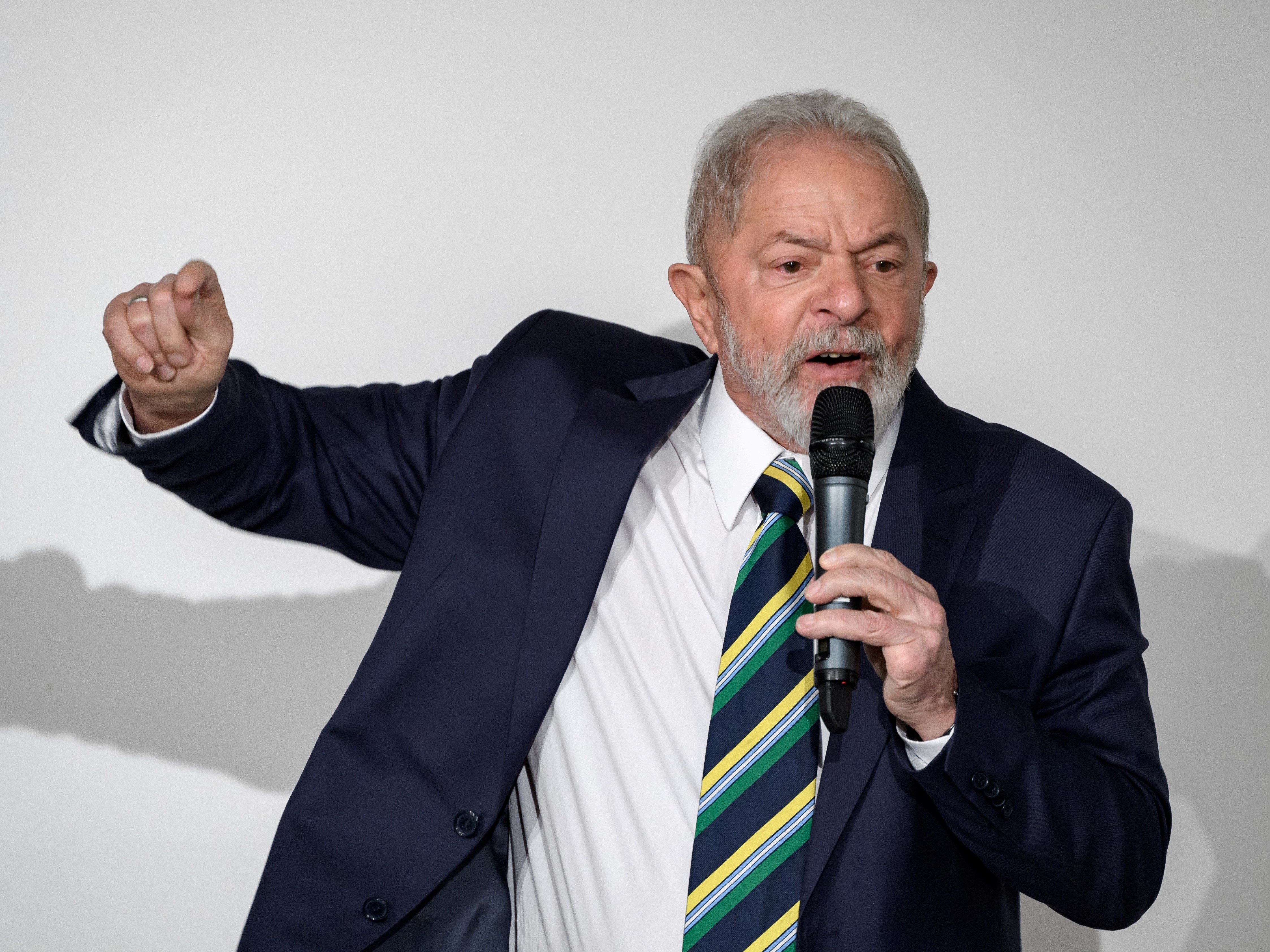 caption: Former Brazilian president Luiz Inácio Lula da Silva delivers a speech in Geneva last year. A Supreme Court justice on Monday annulled corruption convictions against him, citing a court's lack of jurisdiction.