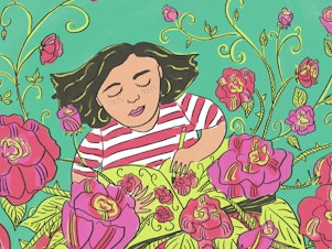 Illustration of a person drawing in a journal and the frame filling with flowers pouring out of her notebook.