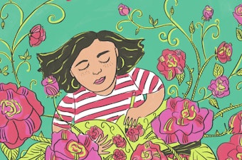 Illustration of a person drawing in a journal and the frame filling with flowers pouring out of her notebook.