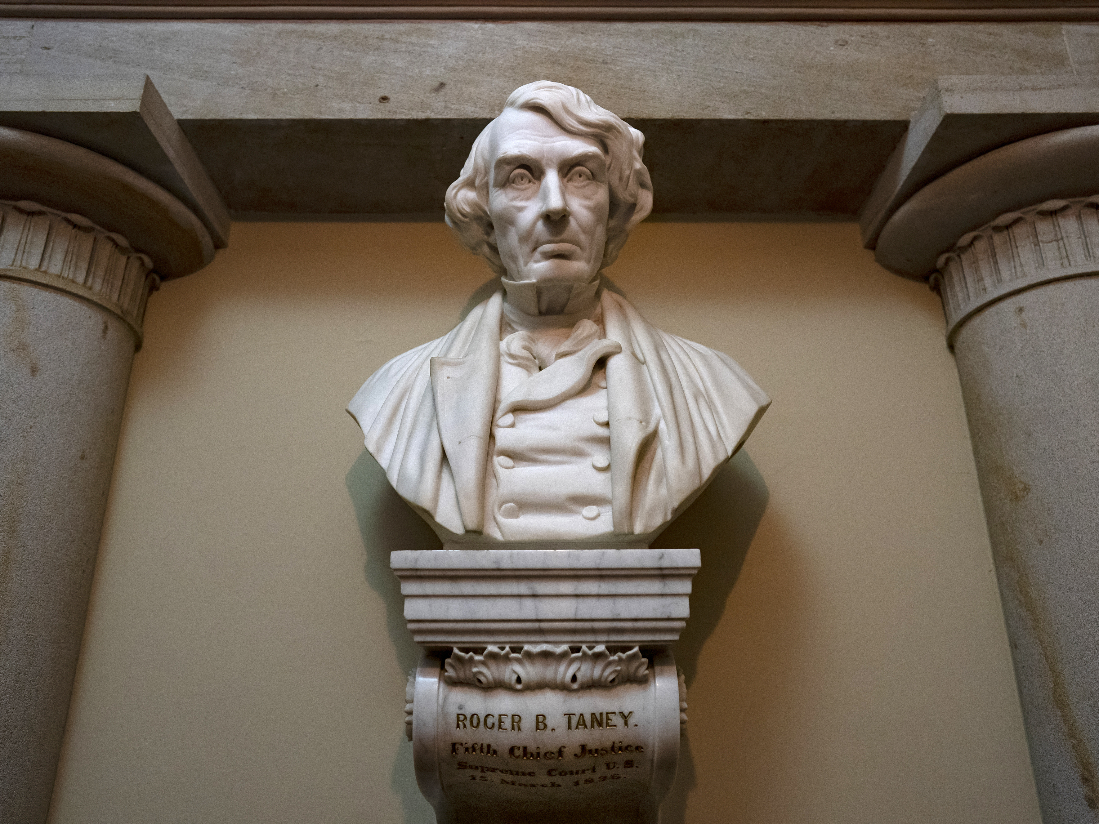 caption: A marble bust of Chief Justice Roger Taney is displayed in the Old Supreme Court Chamber in the U.S. Capitol on March 9, 2020.