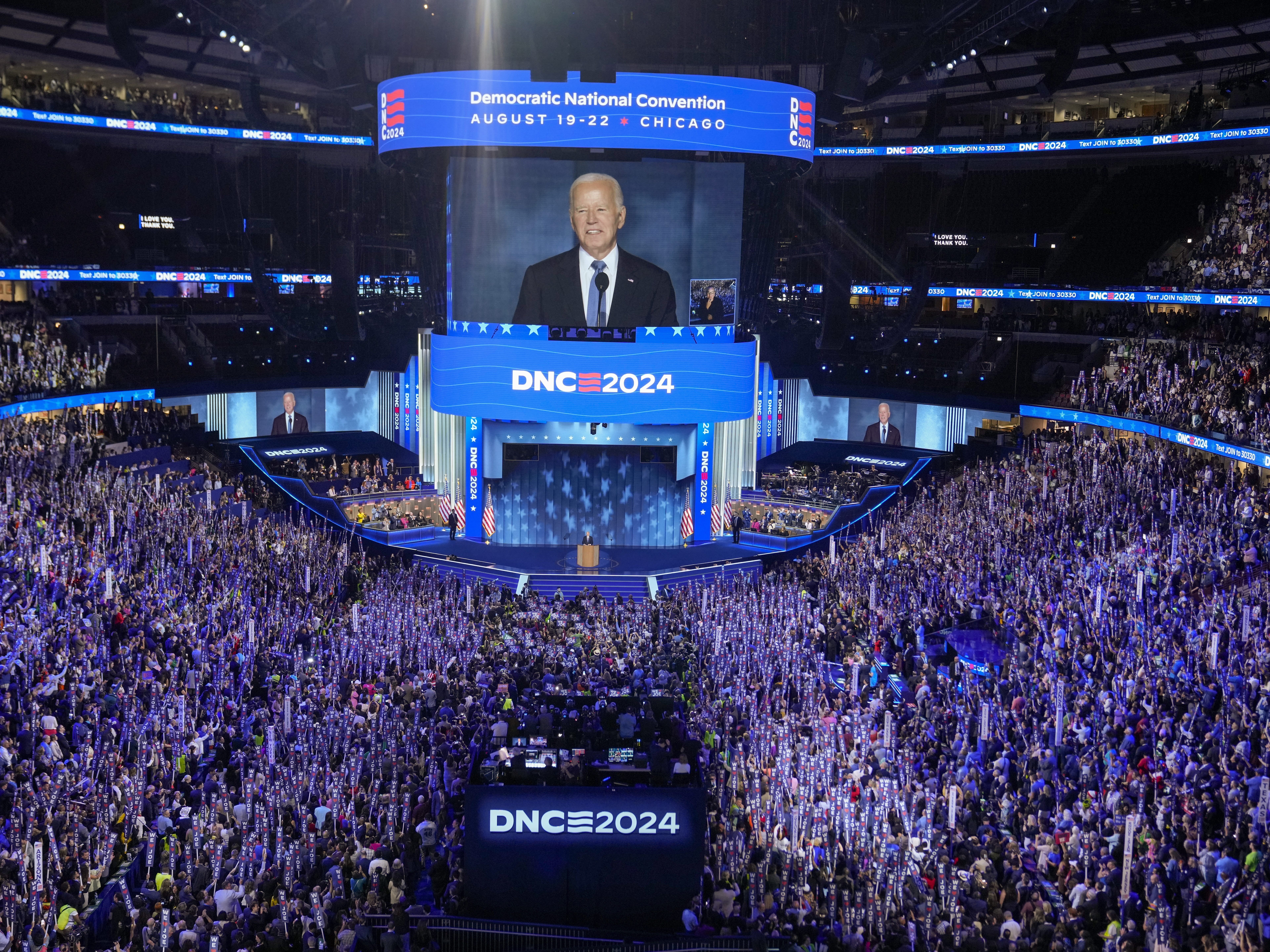 caption: President Biden speaks during the Democratic National Convention Aug. 19, 2024, in Chicago's United Center Stadium. 
