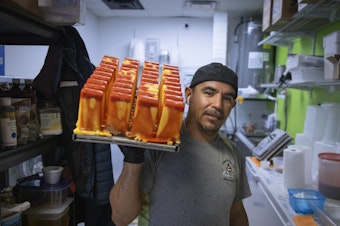 caption: Manuel Vazquez, owner of Coya's artisan ice cream, poses for a photo as he carries a tray of ice pops in the kitchen of his shop in Fort Myers, Florida, U.S., February 26, 2024.