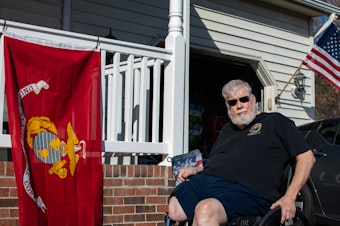 caption: Marine Corps veteran Ed O'Connor is seen outside his home in Fredericksburg, Va. He is among tens of thousands of veterans who took a COVID forbearance on a VA home loan. But the VA's program ended abruptly in October of 2022 and many veterans were asked to either pay all the missed payments or face foreclosure.