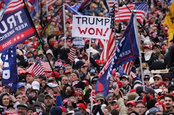 caption: Crowds arrive for the "Stop the Steal" rally on Jan. 6, 2021 in Washington, D.C. Trump supporters gathered in the nation's capital to protest the ratification of President-elect Joe Biden's Electoral College victory over President Trump in the 2020 election.