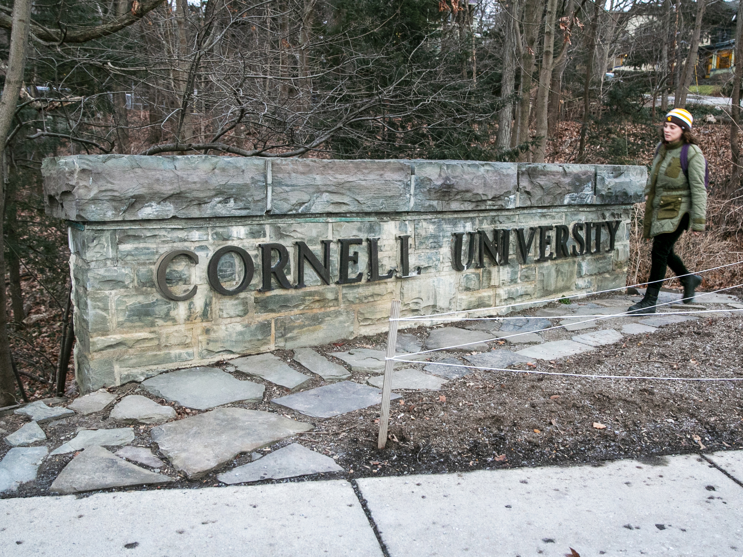 caption: A woman walks by a Cornell University sign on the Ivy League school's campus in Ithaca, N.Y.