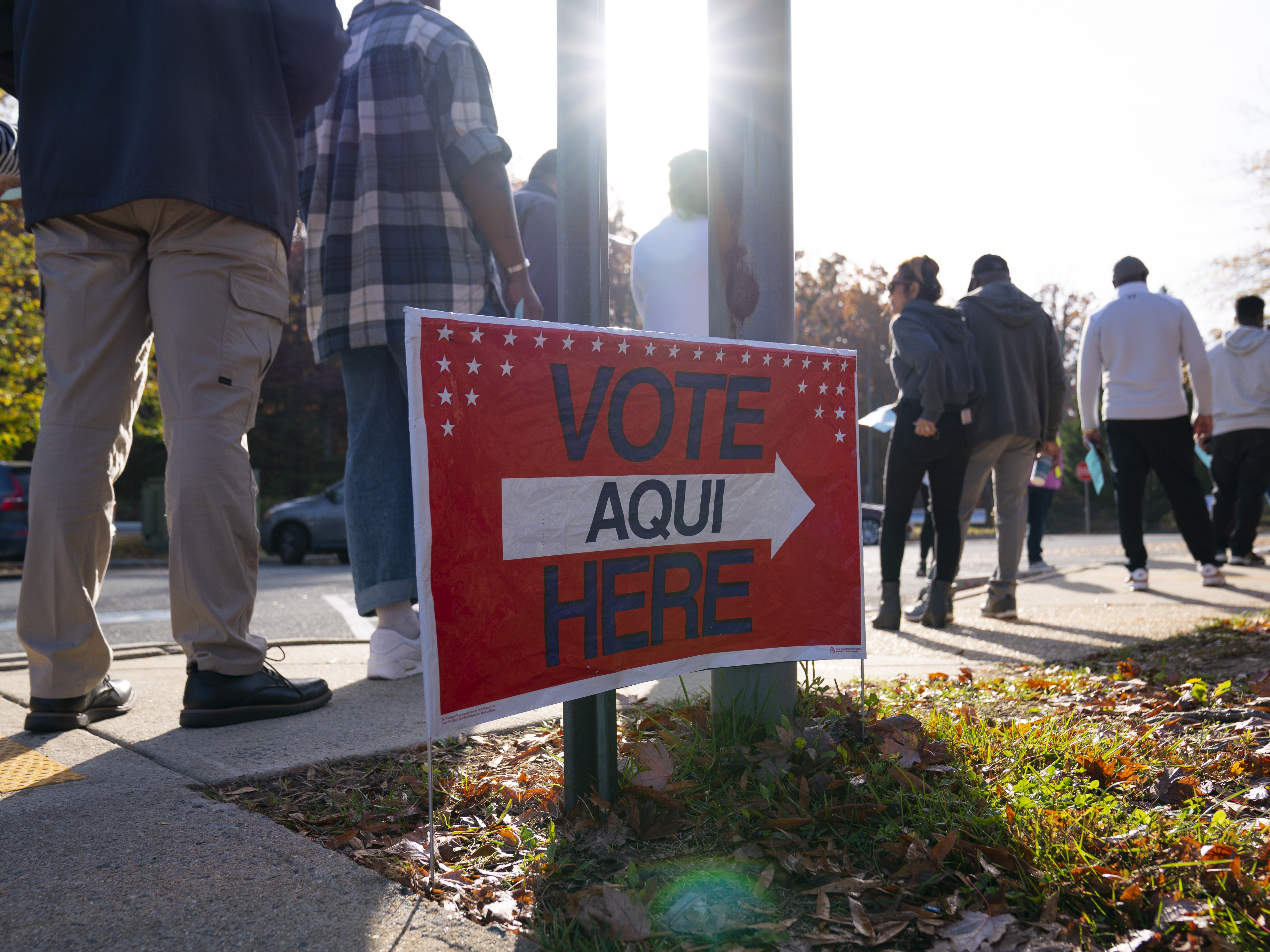 caption: Voters line up outside of an early voting location for the 2022 midterm election in Woodbridge, Va.