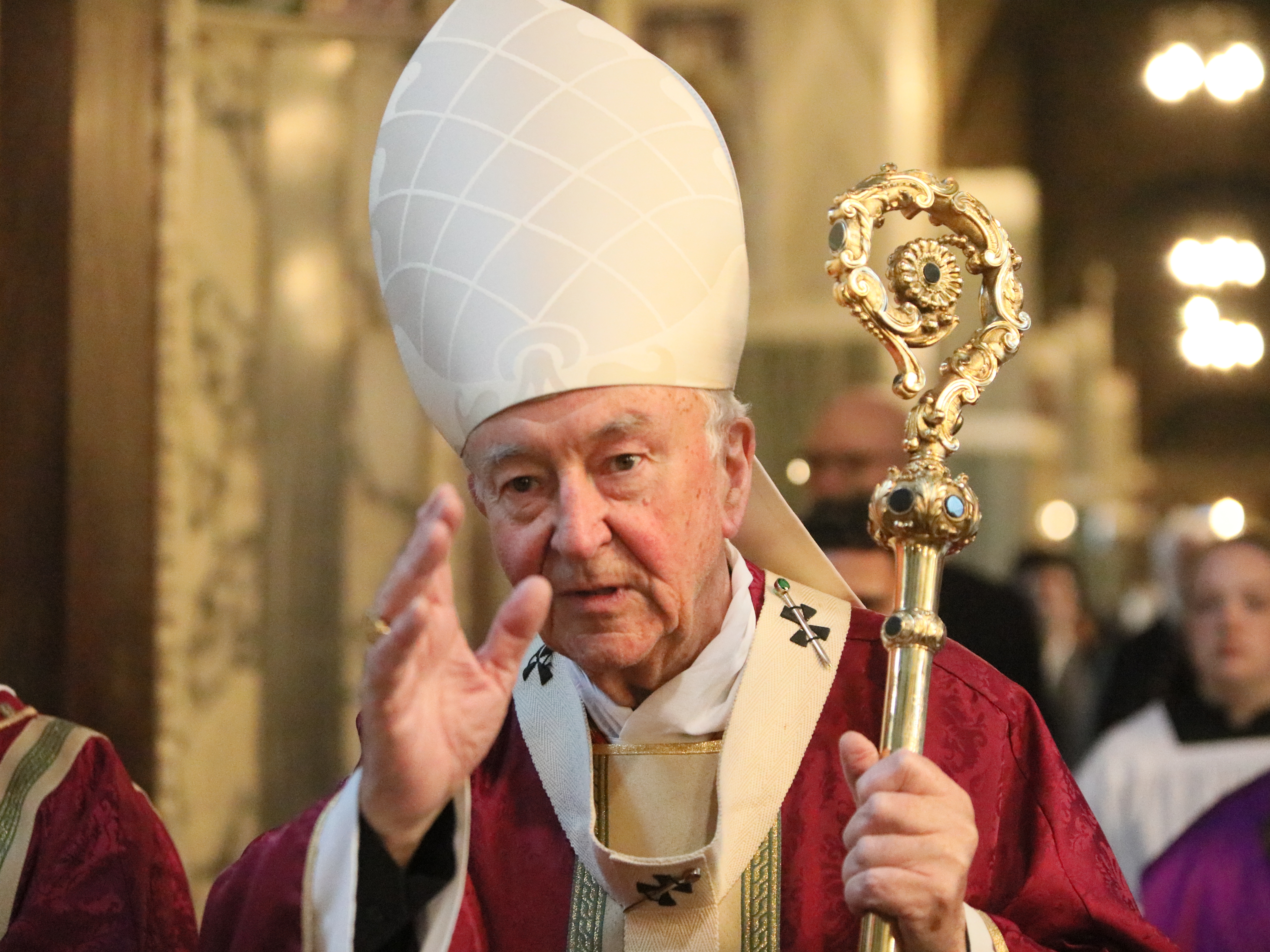 caption: Cardinal Vincent Nichols after officiating the solemn requiem at The Metropolitan Cathedral of the Most Precious Blood, informally known as Westminster Cathedral on April 21, 2025 in London, England.