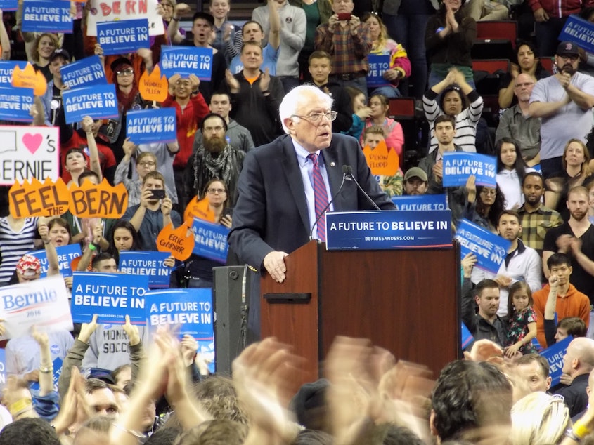 caption: Democratic presidential candidate Bernie Sanders spoke to 15,000 supporters in and outside Key Arena, March 20, 2016.