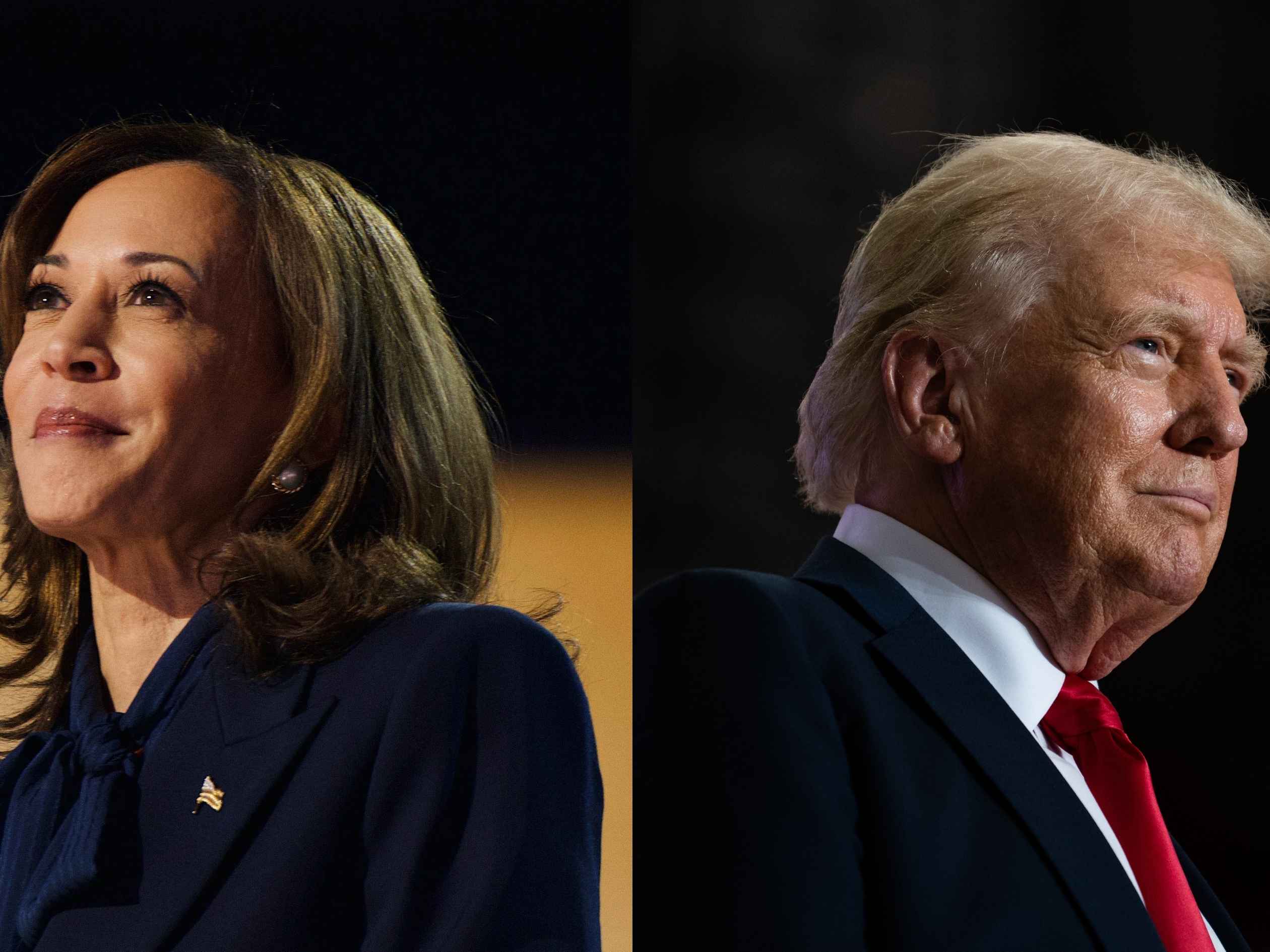 caption: Left: Vice President Harris delivers a speech as she accepts the party's nomination to be its presidential candidate at the Democratic National Convention in Chicago on Aug. 22, 2024. Right: U.S. Republican presidential nominee former President Donald Trump arrives to speak during a rally at Herb Brooks National Hockey Center on July 27, 2024 in St Cloud, Minn.