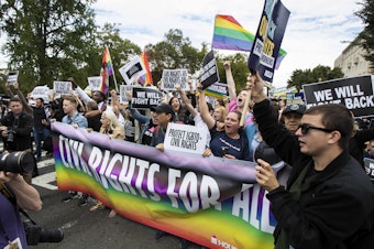 caption: Cases about transgender people and their rights have been working their way through the court system for years. Here, people demonstrate in favor of trans rights in front of the Supreme Court in 2019.