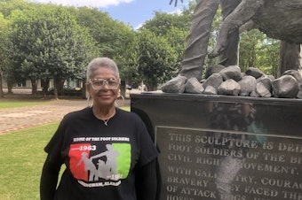 caption: Foot soldier Paulette Roby stands in Birmingham's Kelly Ingram Park, one of the sites where students peacefully marched in the Spring of 1963 demanding equal rights.