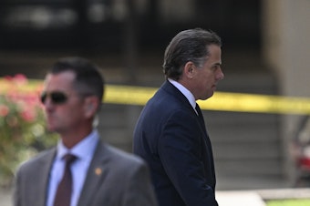 caption: Hunter Biden arrives in J. Caleb Boggs Federal Building to appear in court to plead guilty to two federal misdemeanors for not paying taxes on time, and possessing a gun as a drug user, in Delaware on July 26.