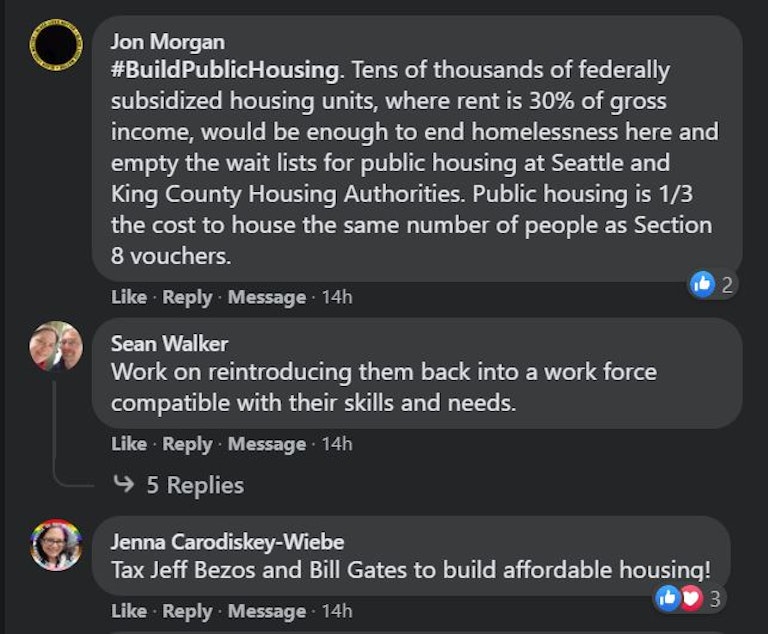 caption: KUOW listener responses on Facebook to the question: How would you solve the homelessness crisis in Seattle? 