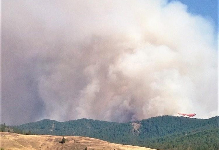caption: The Williams Flats Fire started from a lightning strike Aug. 2, 2019 near Keller, Washington, on the reservation of the Colville Confederated Tribes.