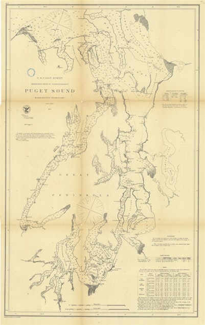 caption: Image of a vintage Puget Sound map from the United States Coast Survey Annual Report 1867, from the National Oceanic and Atmospheric Administration collection. 

From space photography to macro images of the tiniest plankton, the NOAA Photo Library includes approximately 80,000 images. Images in the collection are in the public domain and educational use is encouraged. Explore the collection at photolib.noaa.gov.