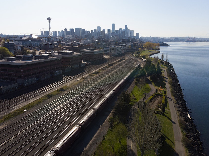caption: A view of Seattle from Centennial Park on Sunday, April 12, 2020. 