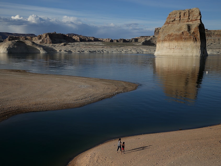 caption: The country's two biggest reservoirs are on the Colorado River. Water levels at Lake Powell have dropped steeply during the two-decade megadrought.
