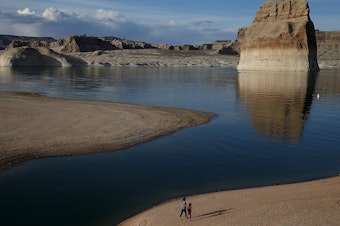 caption: The country's two biggest reservoirs are on the Colorado River. Water levels at Lake Powell have dropped steeply during the two-decade megadrought.
