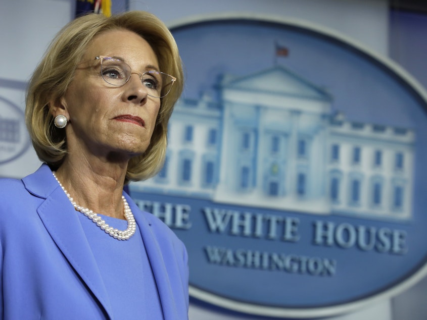 caption: U.S. Education Secretary Betsy DeVos backed a rule that would have increased private schools' share of CARES Act dollars from $127 million to $1.5 billion, according to one analysis.