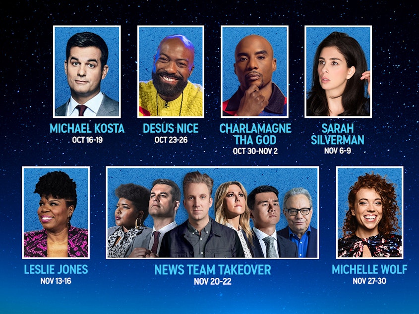 caption: Michael Kosta, Desus Nice, Charlamagne tha God, Sarah Silverman, Leslie Jones, TDS News Team, and Michelle Wolf kick off <em>The Daily Show</em>'s All-Star Lineup of Guest Hosts.