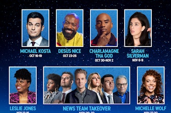 caption: Michael Kosta, Desus Nice, Charlamagne tha God, Sarah Silverman, Leslie Jones, TDS News Team, and Michelle Wolf kick off <em>The Daily Show</em>'s All-Star Lineup of Guest Hosts.