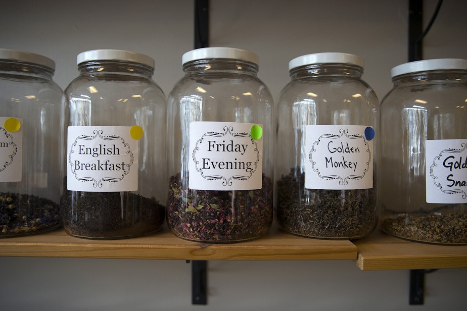 caption: Tea blends line a shelf on Tuesday, January 28, 2019, at Friday Afternoon, a tea room along Stone Way North, in Seattle.
