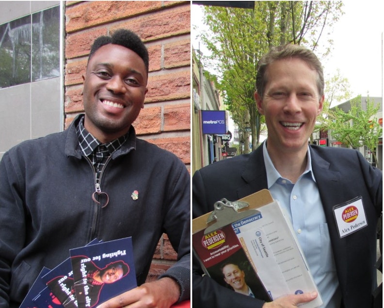 caption: Shaun Scott (left) and Alex Pedersen are among dozens of Seattle City Council candidates seeking democracy vouchers.