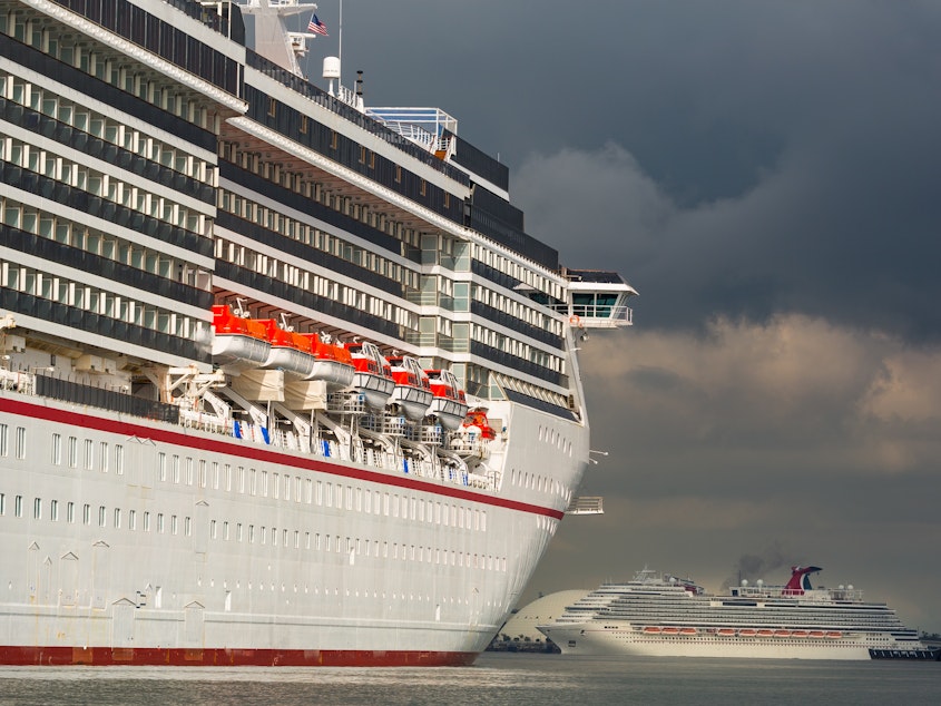 caption: The Carnival Corp. Miracle and Panorama cruise ships anchored in Long Beach, Calif. on April 13, 2020.
