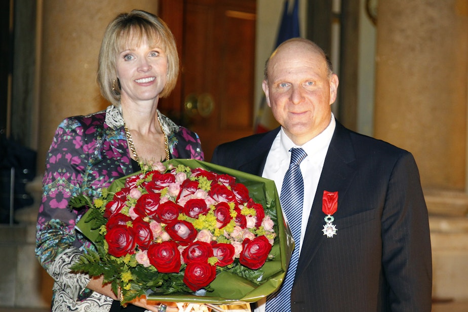caption: Former Microsoft CEO, Steve Ballmer, right, and his wife Connie pose on the steps of the Elysee Palace after he was awarded Knight of the Legion of Honor by France's President Nicolas Sarkozy on Feb. 16, 2011. 