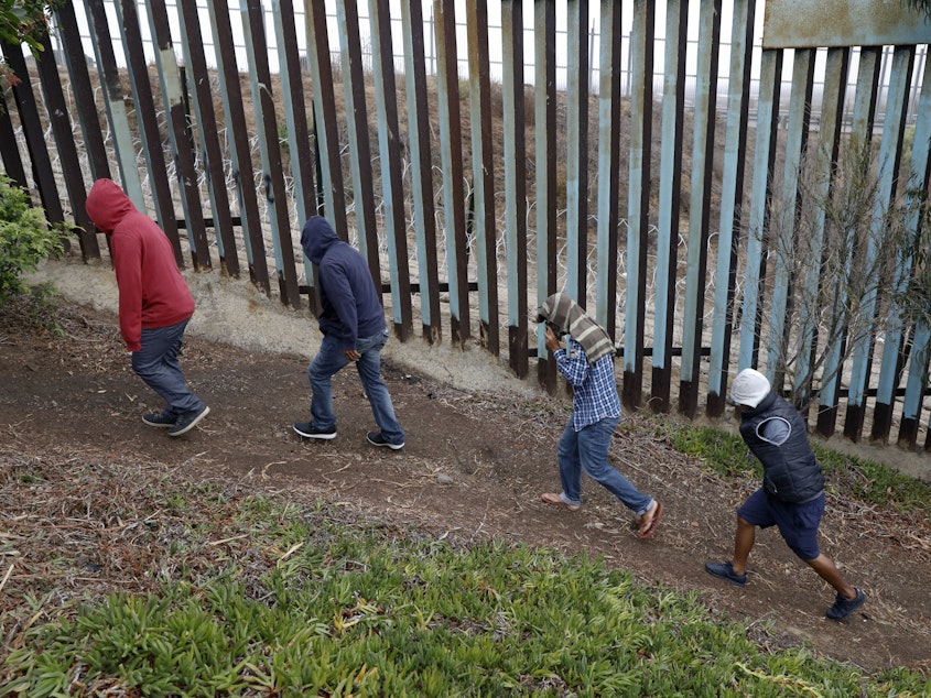 caption: Central American migrants walk along the U.S. border fence looking for places to cross, in Tijuana, Mexico.