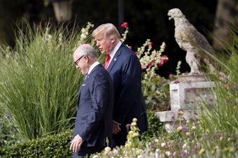 caption: President Trump walks with U.S. Ambassador Robert Wood "Woody" Johnson IV in London in July 2018.