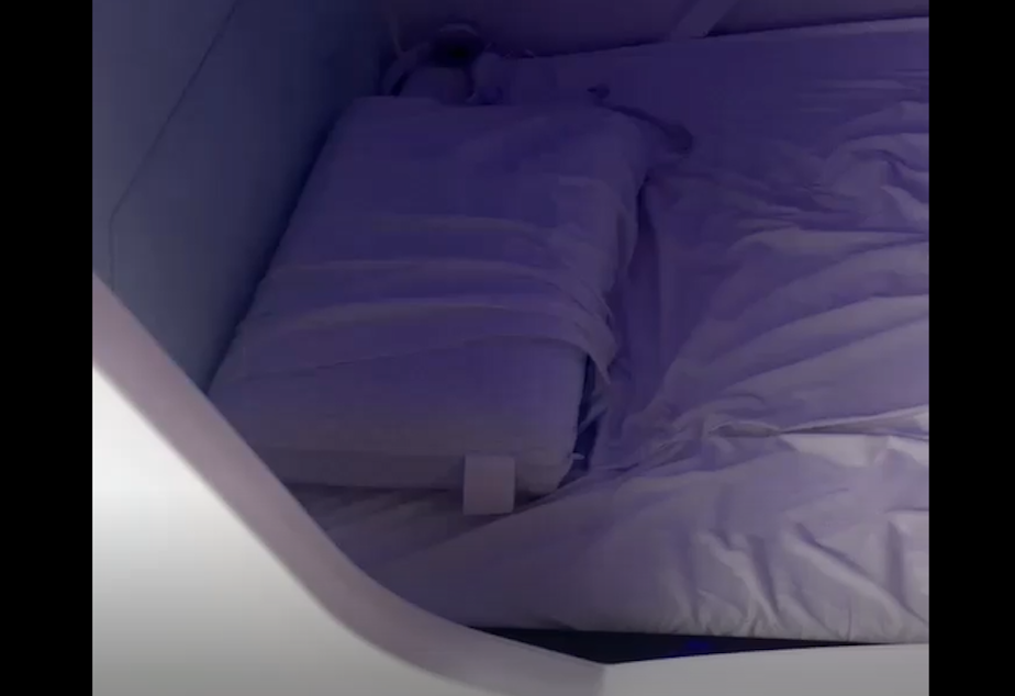 caption: This photo shows an image of a sleeping pod Pearl said she was held captive in.