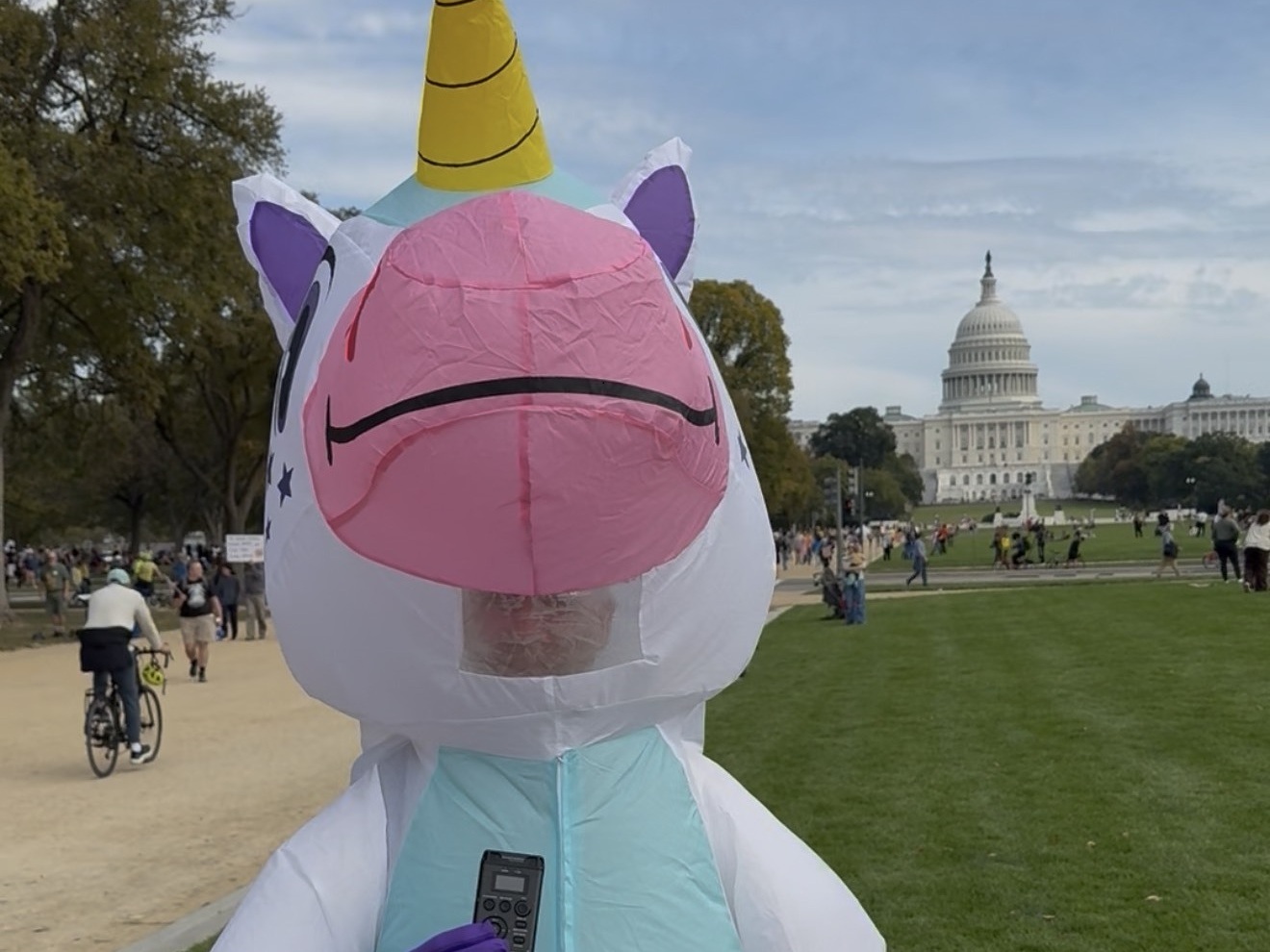 caption: Scott Rohrbach, a senior optical engineer at NASA, came to the Oct. 18 No Kings rally in Washington, D.C., dressed as a unicorn. He said he wanted to counteract the Republican narrative that protesters like him are hate-filled, anti-American radicals.