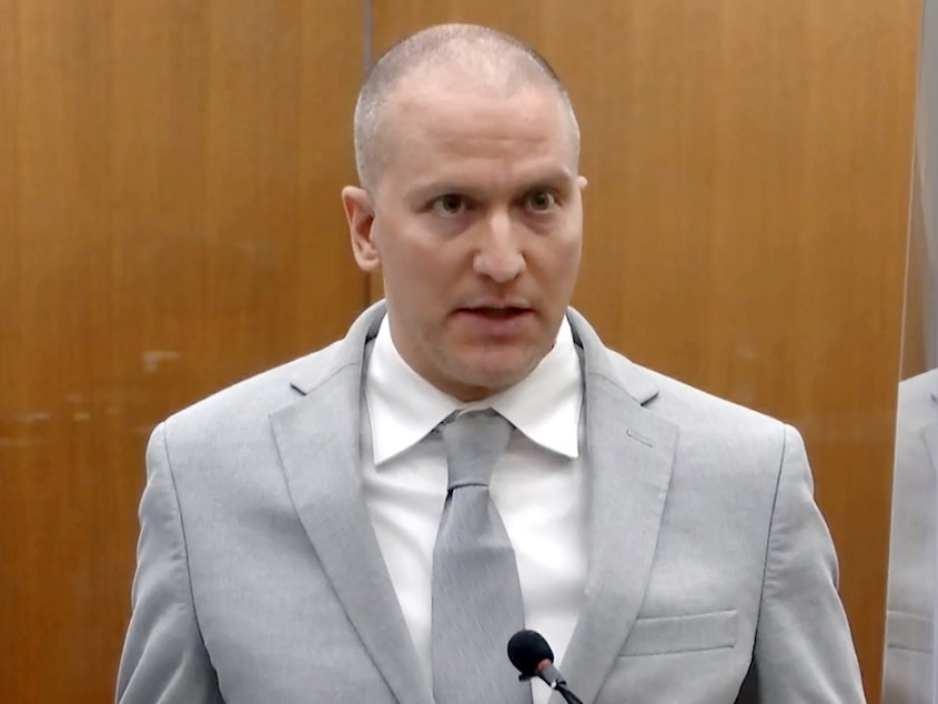 caption: In this image taken from video, former Minneapolis police officer Derek Chauvin addresses the court at the Hennepin County Courthouse, June 25, 2021, in Minneapolis.