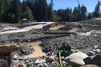 caption: Construction work on a bypass channel for the 1903 Electron Dam on the Puyallup River in summer 2020.