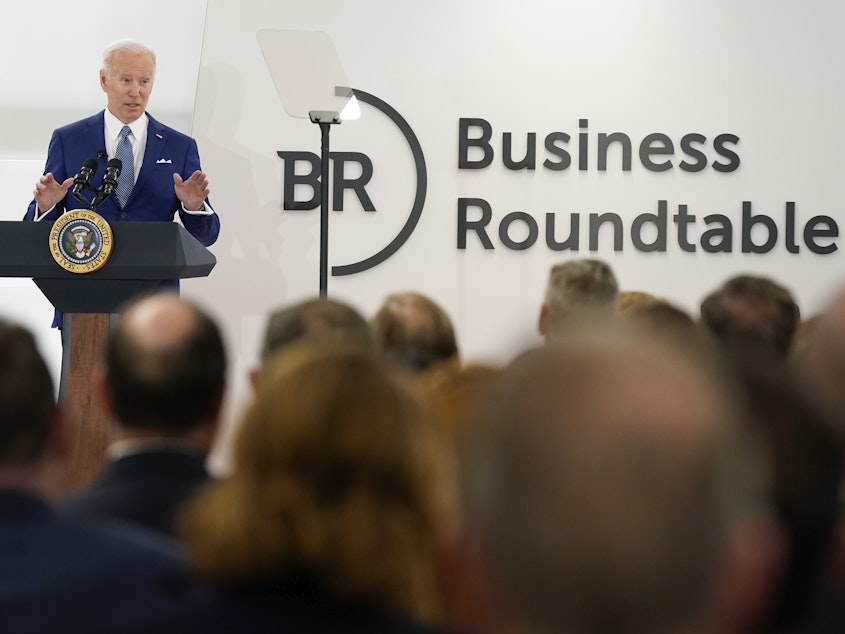 caption: President Biden speaks at Business Roundtable's CEO quarterly meeting on Monday in Washington, D.C.