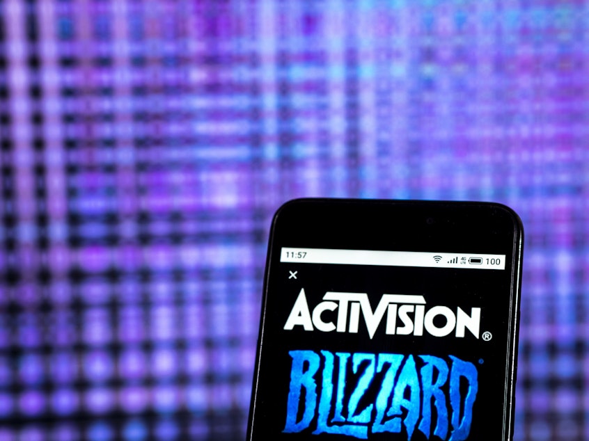 caption: The logo of Activision Blizzard, the parent company of Blizzard Entertainment.