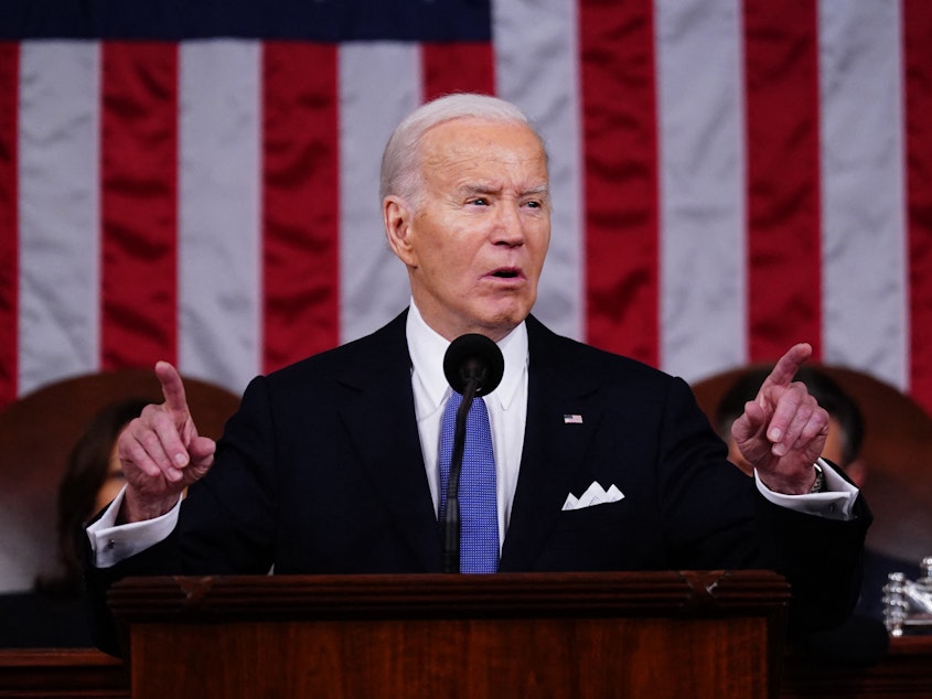 caption: President Biden delivers the State of the Union address in the House chamber of the Capitol in Washington, D.C., on March 7.