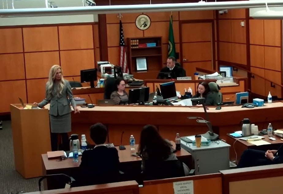 caption: Attorney Anne Bremner, left, delivers opening statements to the jury in the trial of Pierce County Sheriff Ed Troyer, who faces two misdemeanor charges in Pierce County District Court. 