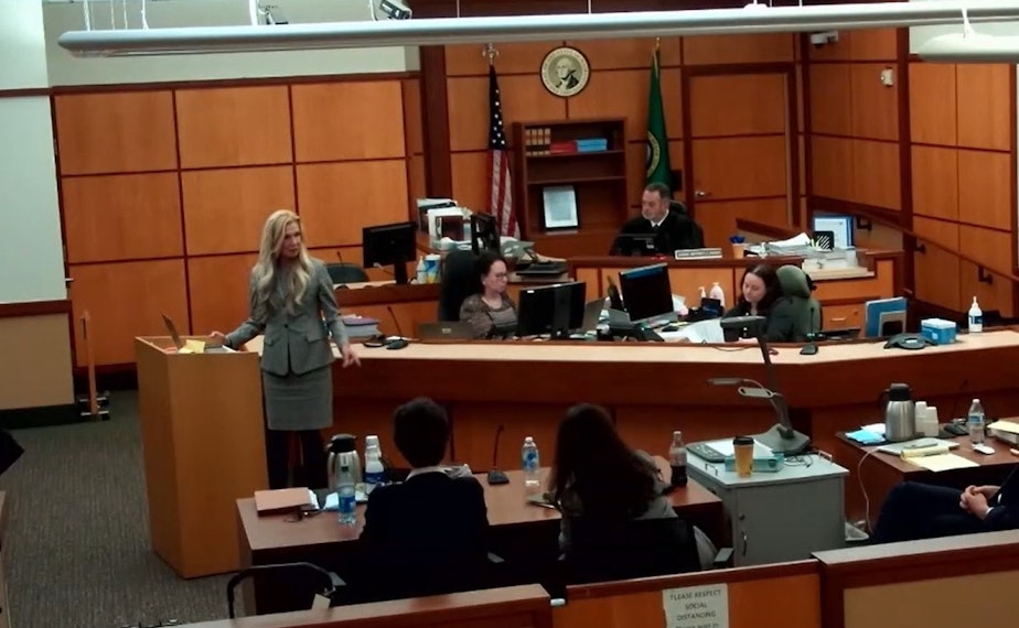 caption: Attorney Anne Bremner, left, delivers opening statements to the jury in the trial of Pierce County Sheriff Ed Troyer, who faces two misdemeanor charges in Pierce County District Court. 