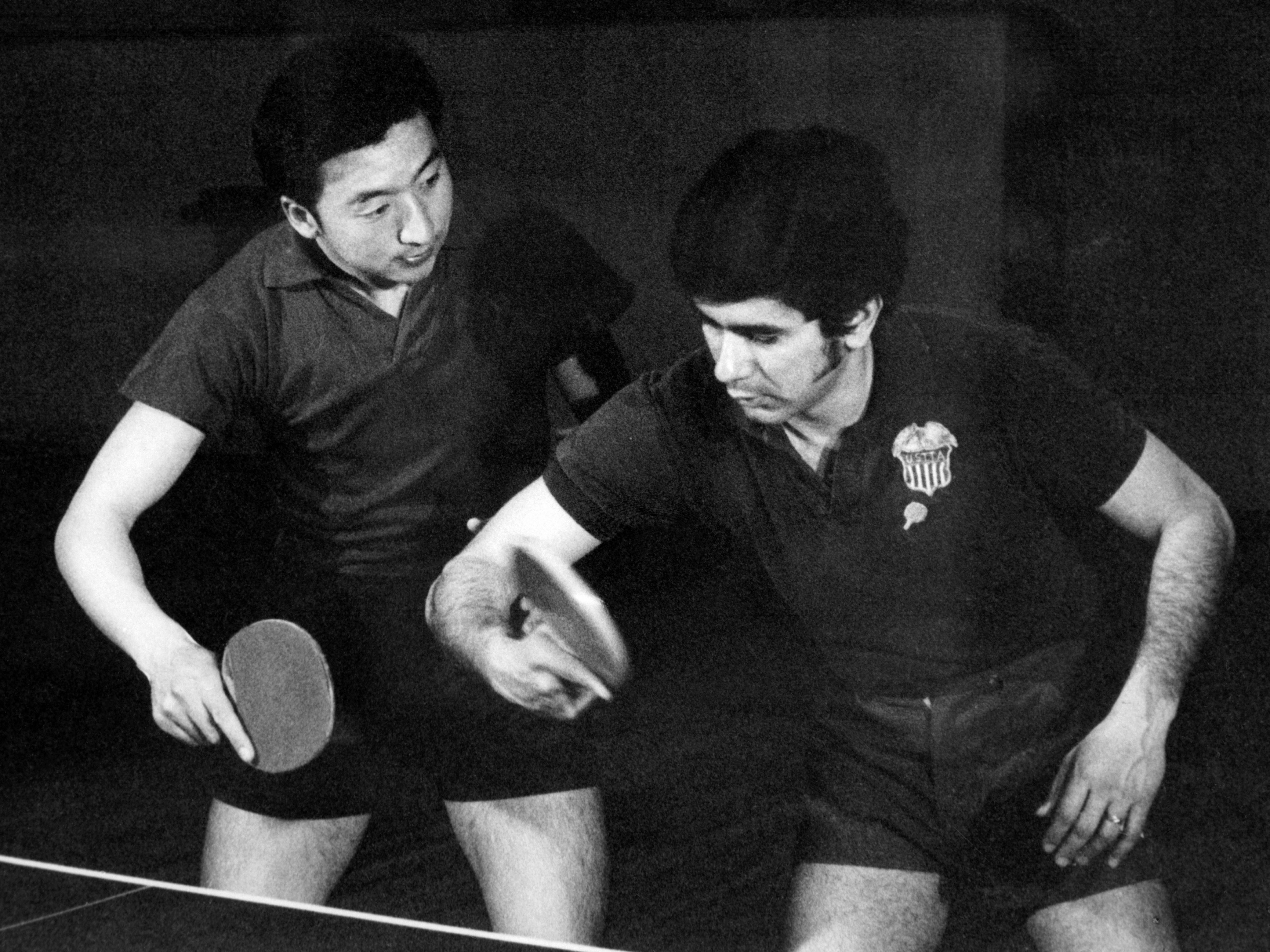 caption: Chinese and U.S. table tennis players train together in April 1971 in Beijing. April 10 marks the 50th anniversary of what became known as pingpong diplomacy between the two nations.