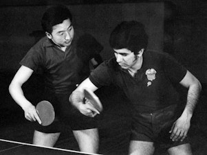 caption: Chinese and U.S. table tennis players train together in April 1971 in Beijing. April 10 marks the 50th anniversary of what became known as pingpong diplomacy between the two nations.